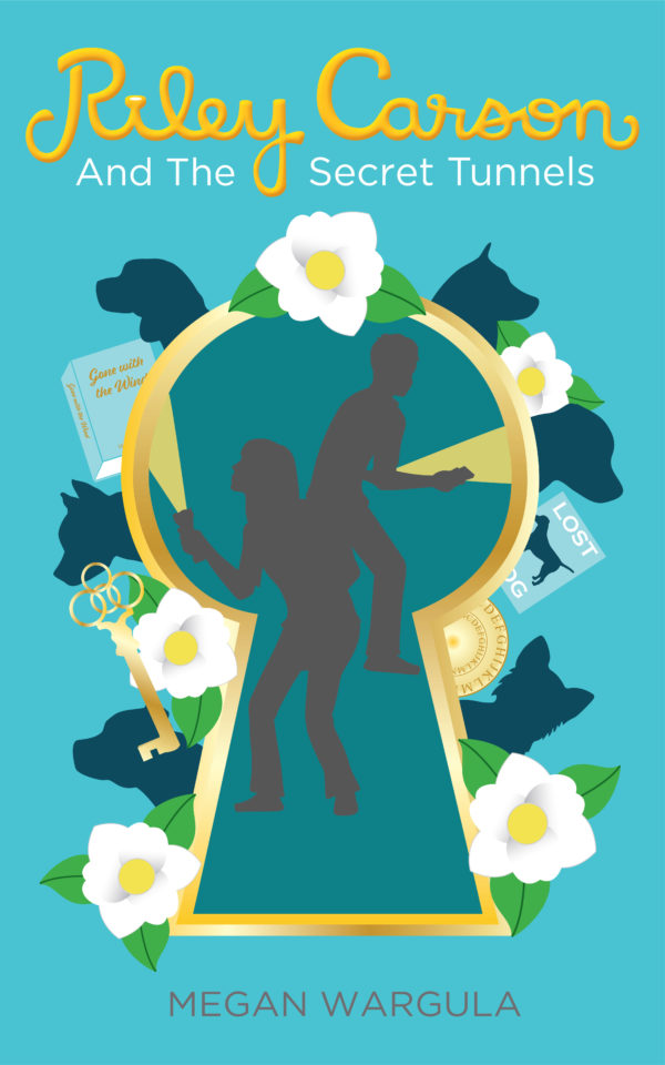 Cover of Riley Carson and the Secret Tunnels, the third book in the middle grade mystery series. The cover features the silhouettes of two kids with flashlights searching in the center of a keyhole surrounded by magnolia flowers, dogs, a key, a book, a lost dog flyer, and a cipher wheel.