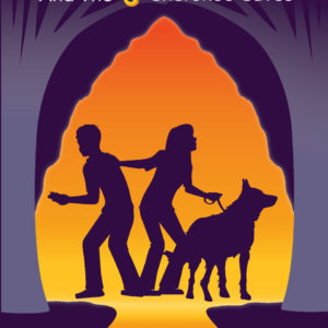 Picture of the book, Riley Carson and the Cherokee Caves. A dark blue/purple cover with an image of a bright orange/yellow cave shaped like an arrowhead. Inside the cave are the silhouettes of a girl, a boy, and a German Shepherd dog.