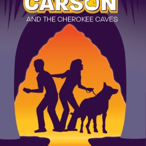 A picture of book #1 in the Riley Carson middle grade mystery/adventure series, Riley Carson and the Cherokee Caves. Silhouettes of a boy and girl and German Shepherd dog in the opening of a cave shaped like an arrowhead, glowing from within.