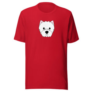 unisex t-shirt with illustrated face of the West Highland White Terrier. Red or royal blue shirt.